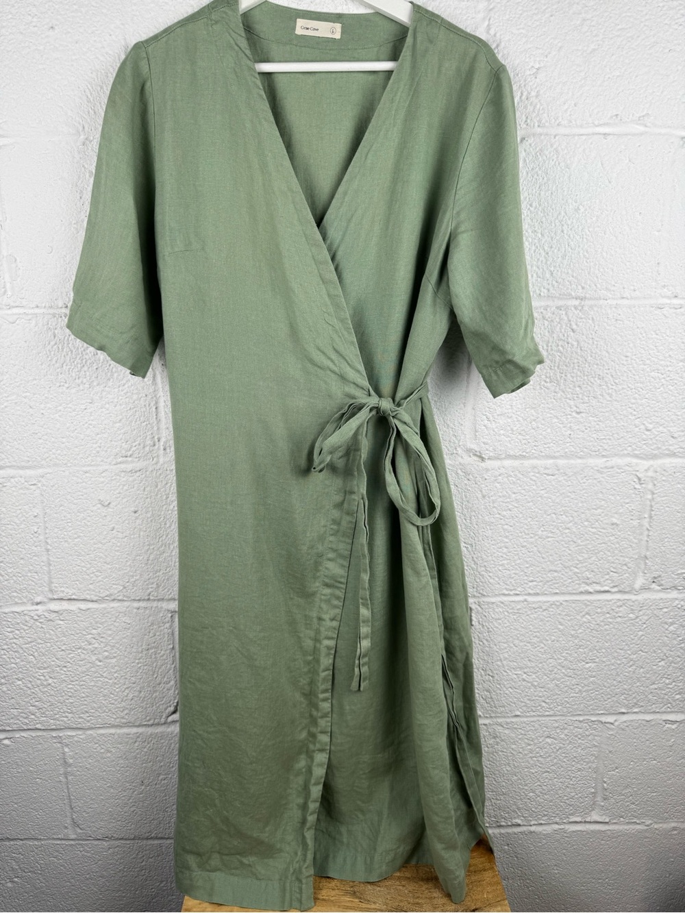 Grae Cove 100% Linen Sage Green Midi Wrap Dress L